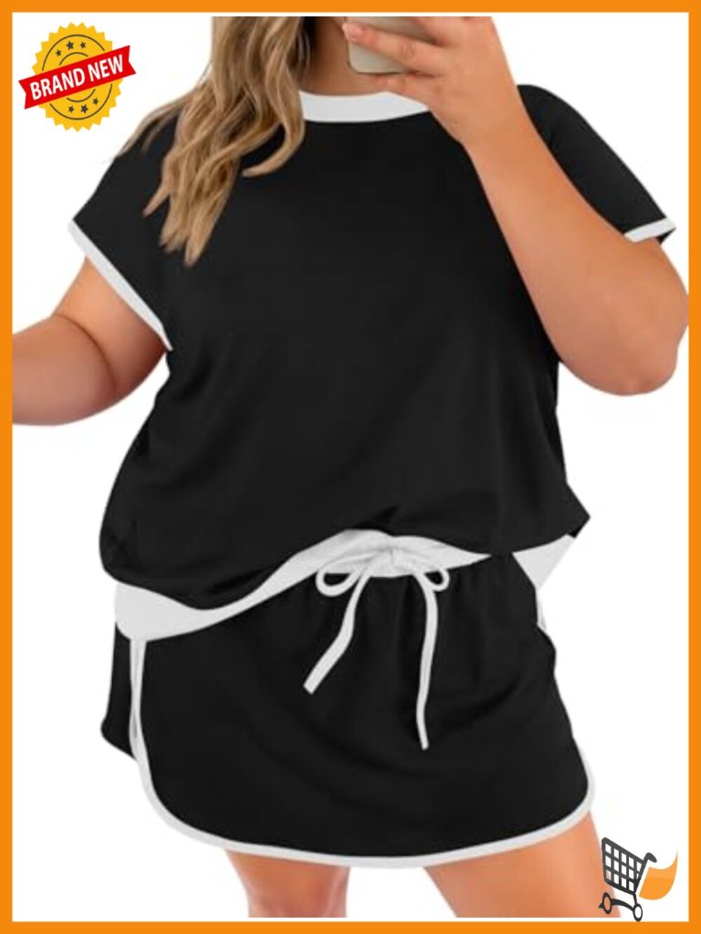 Plus Size 2 Piece Shorts Set Summer Short Sleeve Color Block Shirt and Skort